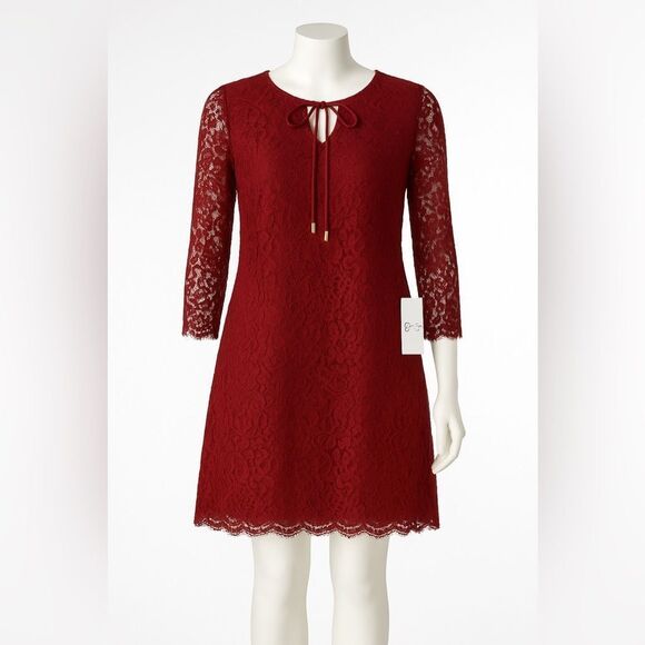 Elegant Burgundy Red Lace Dress with 3/4 Bell Sleeves Jessica Simpson NWT - Picture 1 of 8